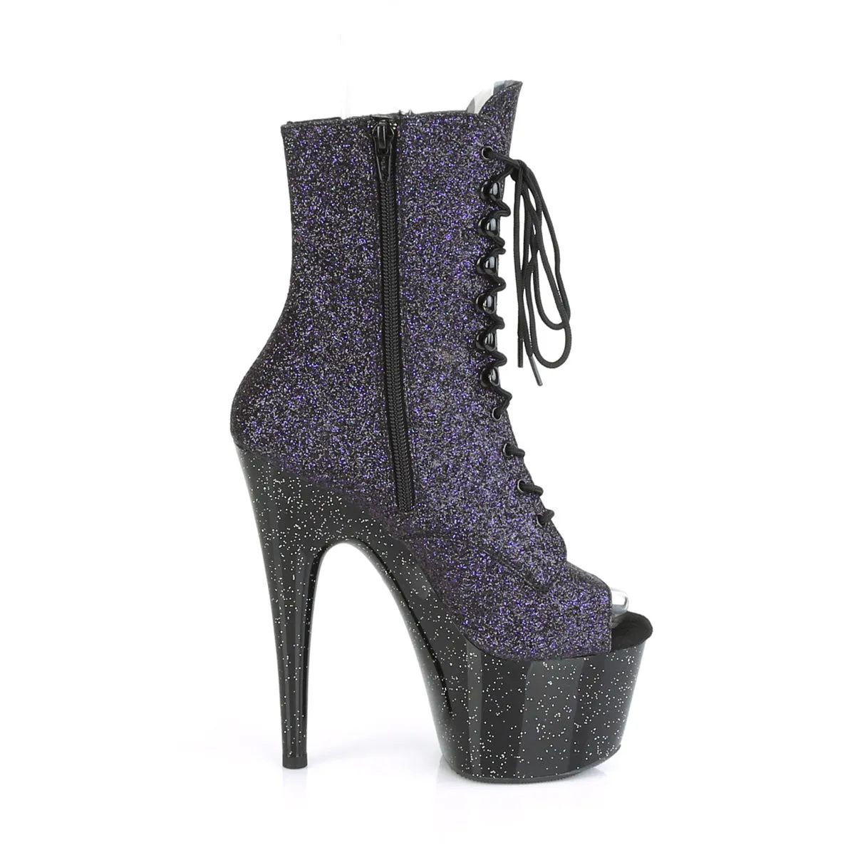 Adore 1021MG Lace Up Black Purple Glitter Platform Ankle Boot - 7" Heel