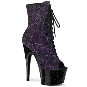 Adore 1021MG Lace Up Black Purple Glitter Platform Ankle Boot - 7" Heel