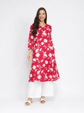 Cotton Floral A-Line Kurta - Red & White