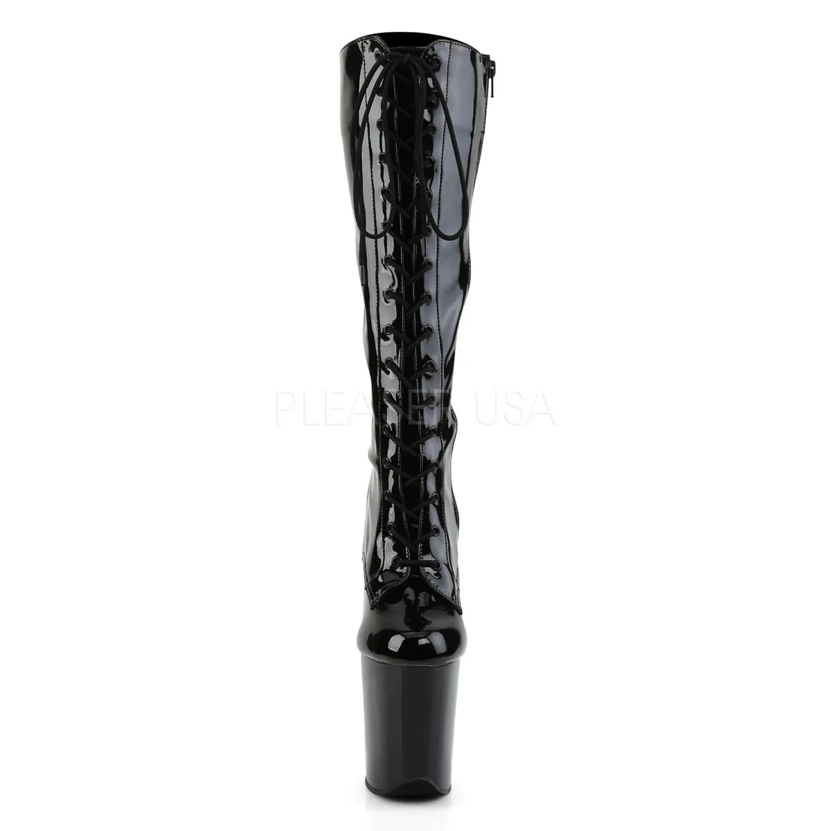 Flamingo 2023 Black Patent 8" Heel Front Lace Knee Boot