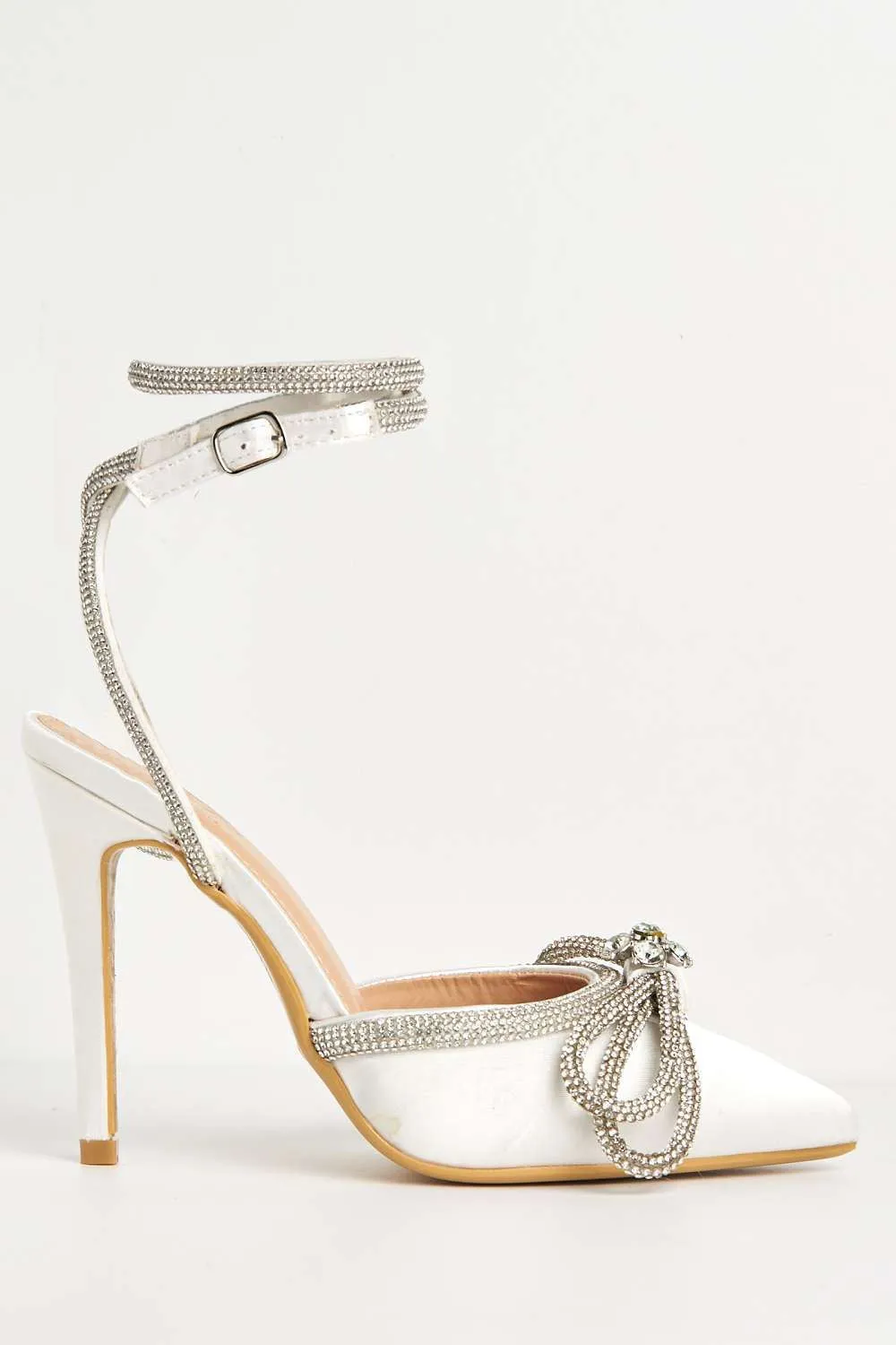 Nattie Pointed Toe Diamante Bow Court Shoe Heels in Ivory