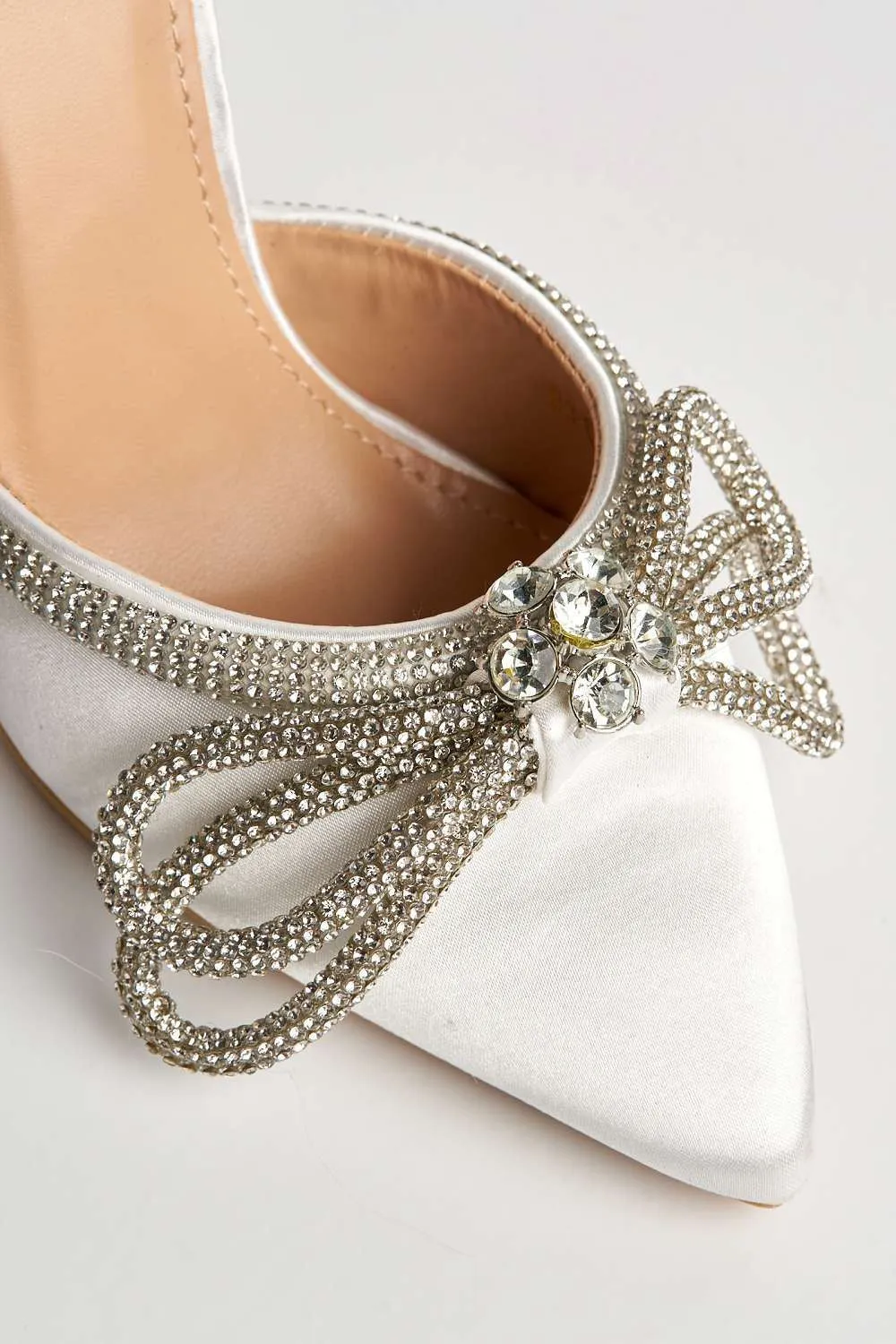 Nattie Pointed Toe Diamante Bow Court Shoe Heels in Ivory