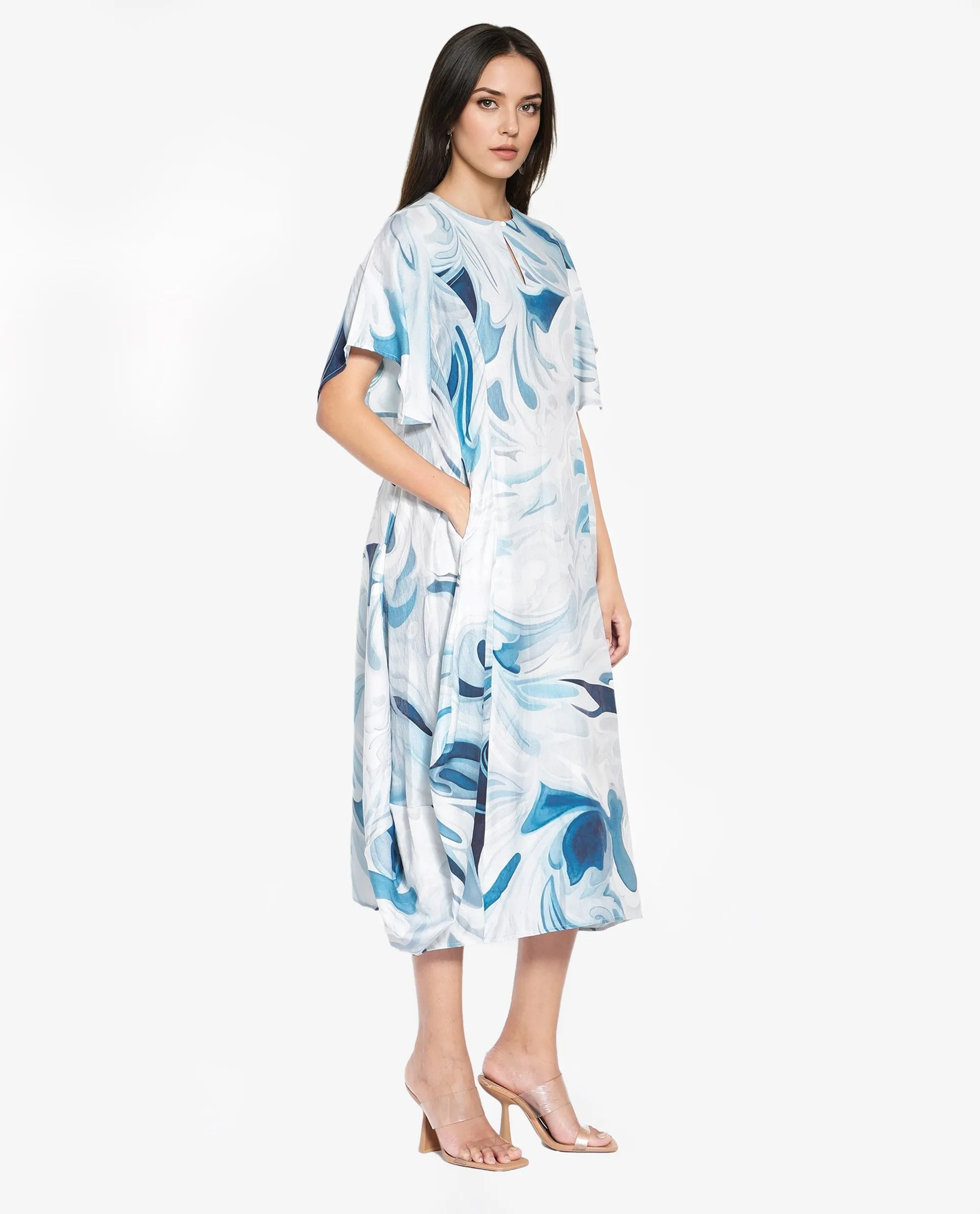 Rareism Women Pesto Light Blue 3/4Th Sleeve V-Neck Balloon Fit Abstract Print Midi Dress