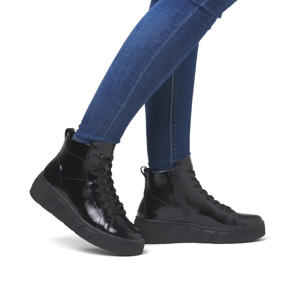 Rieker W0561 BLACK  Patent Lace Up Ankle Boot with Zip W0561-01