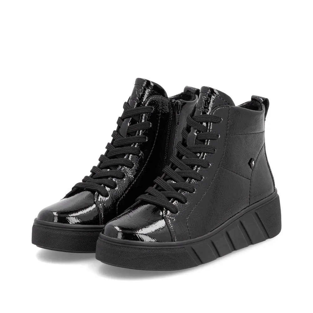 Rieker W0561 BLACK  Patent Lace Up Ankle Boot with Zip W0561-01