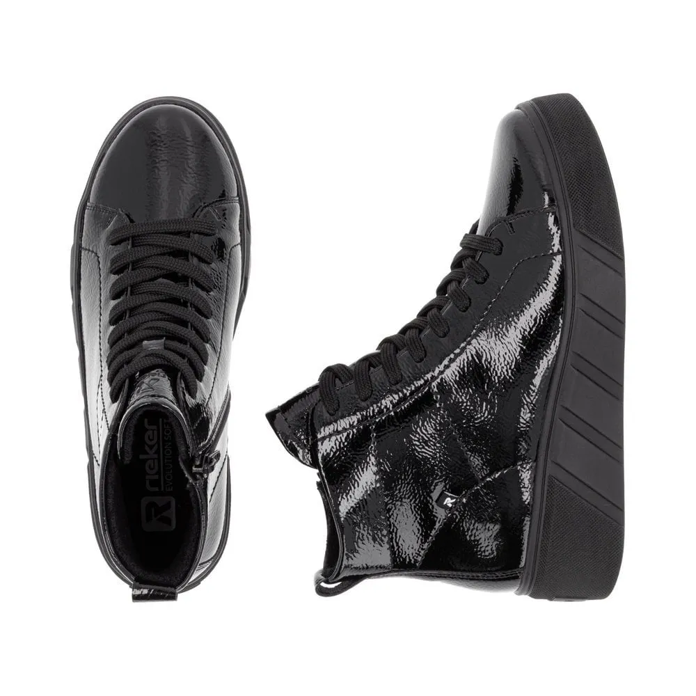 Rieker W0561 BLACK  Patent Lace Up Ankle Boot with Zip W0561-01