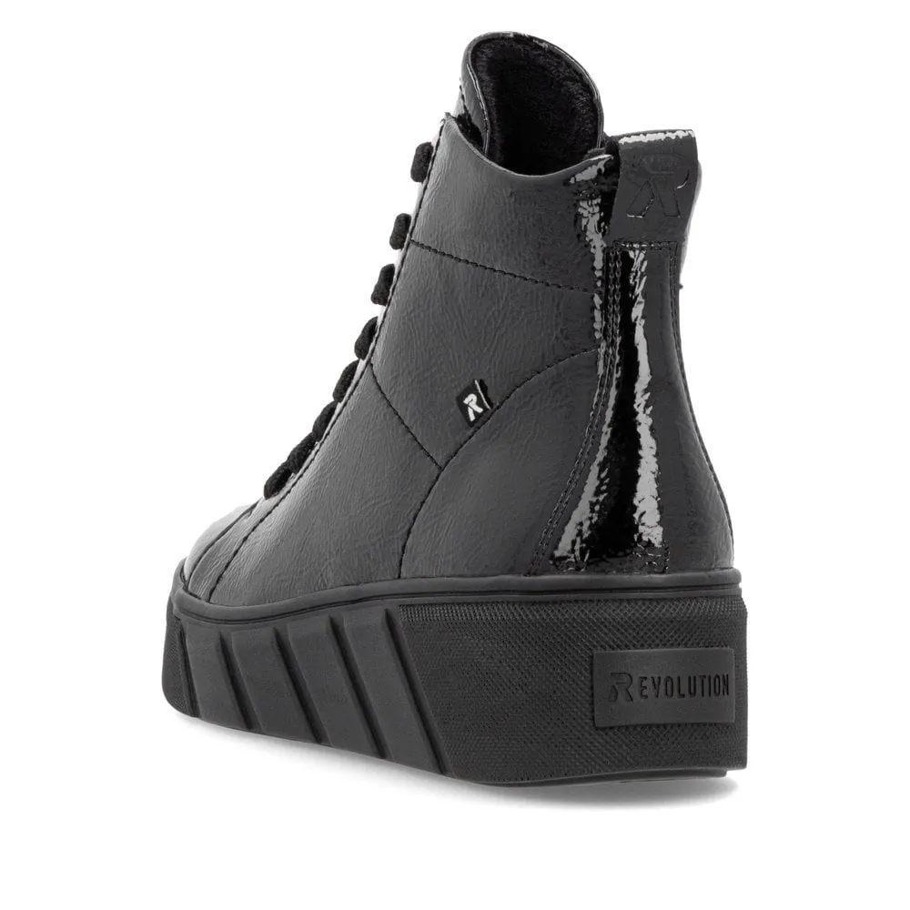 Rieker W0561 BLACK  Patent Lace Up Ankle Boot with Zip W0561-01