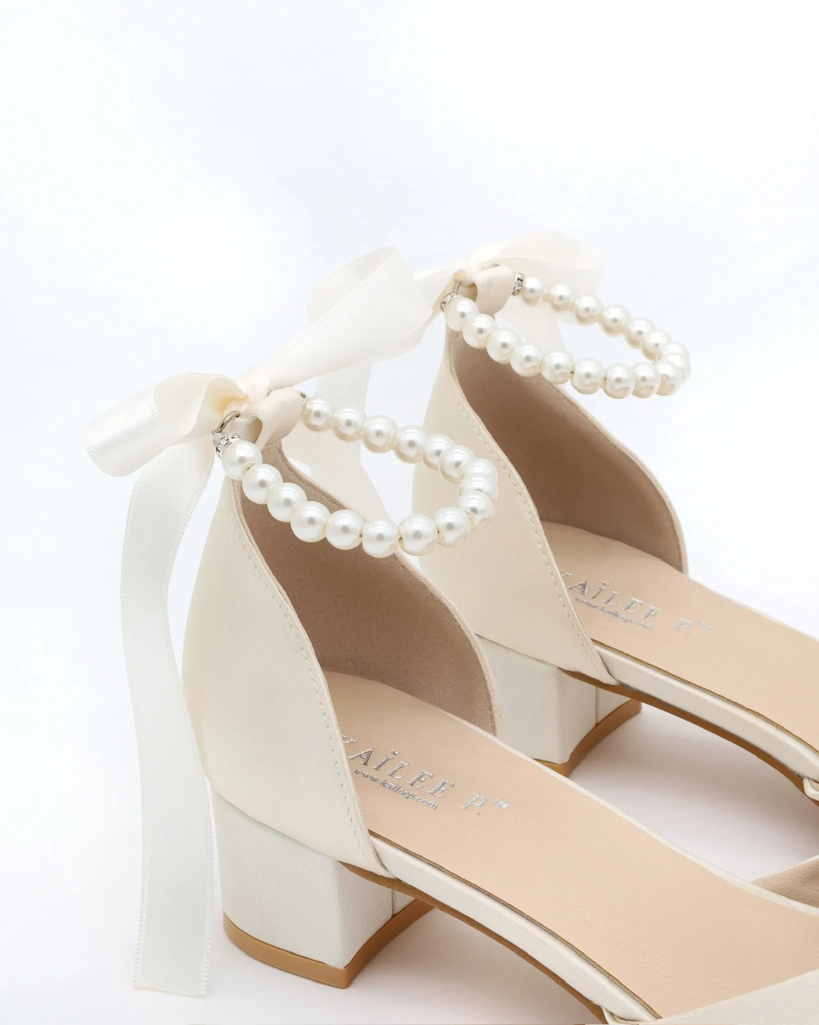 Satin Pointy Toe Low Block Heels Wedding Shoes with All Pearls Ankle Strap