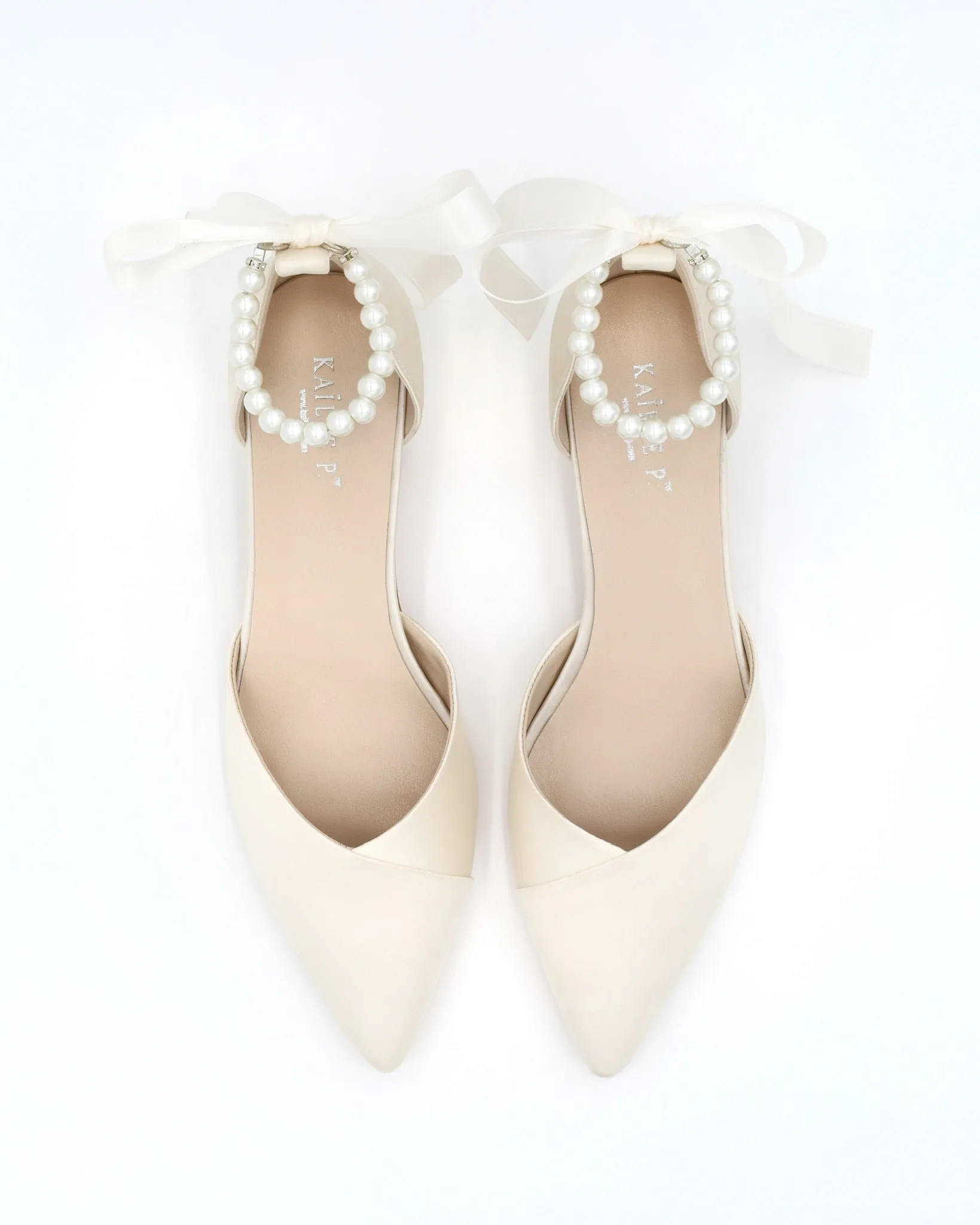 Satin Pointy Toe Low Block Heels Wedding Shoes with All Pearls Ankle Strap
