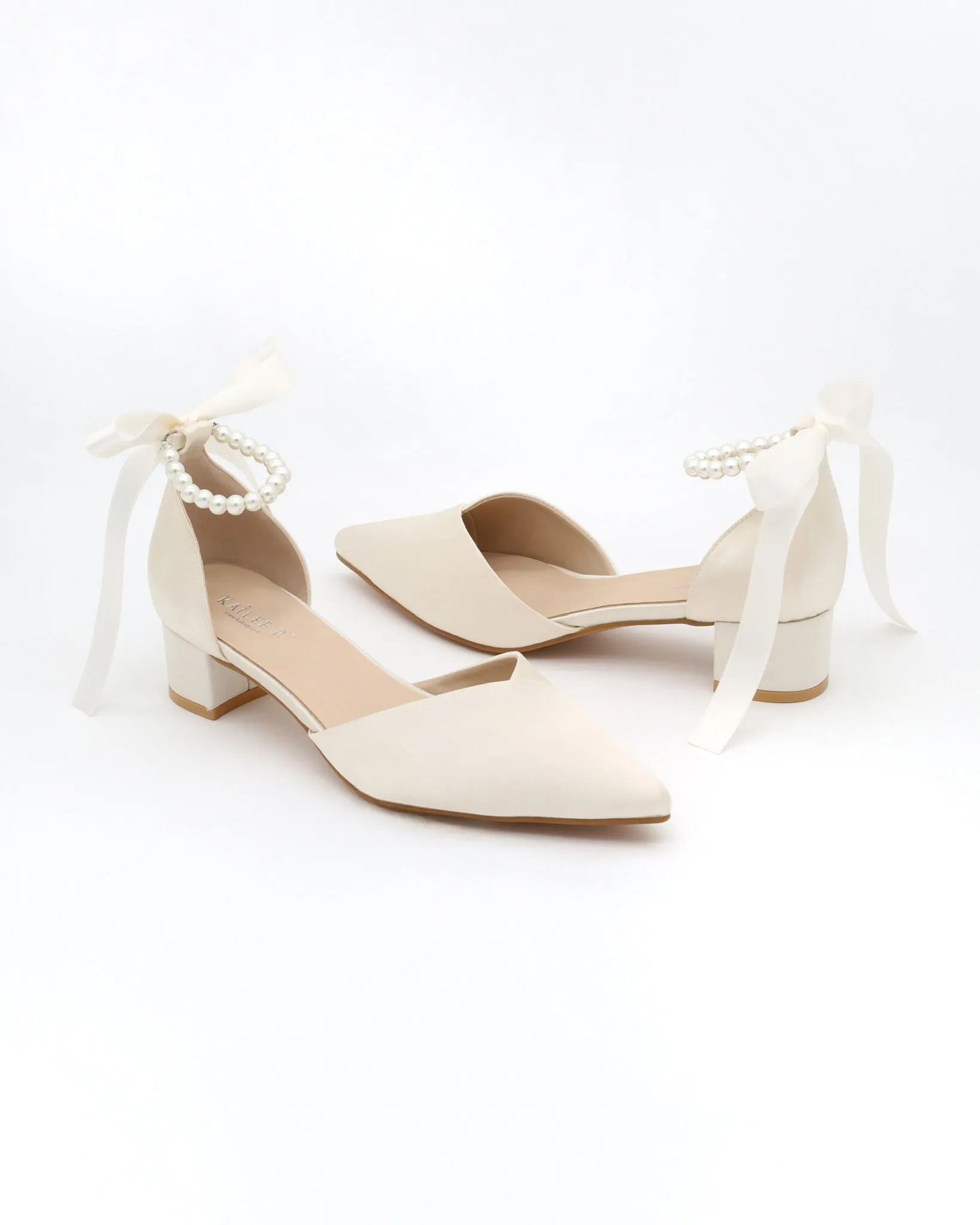 Satin Pointy Toe Low Block Heels Wedding Shoes with All Pearls Ankle Strap