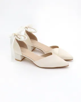 Satin Pointy Toe Low Block Heels Wedding Shoes with All Pearls Ankle Strap