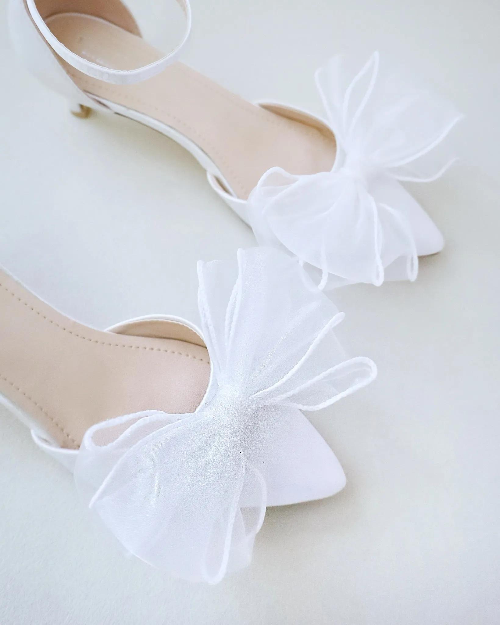 Satin Pointy Toe Wedding Low Heels with Layered Organza Bow