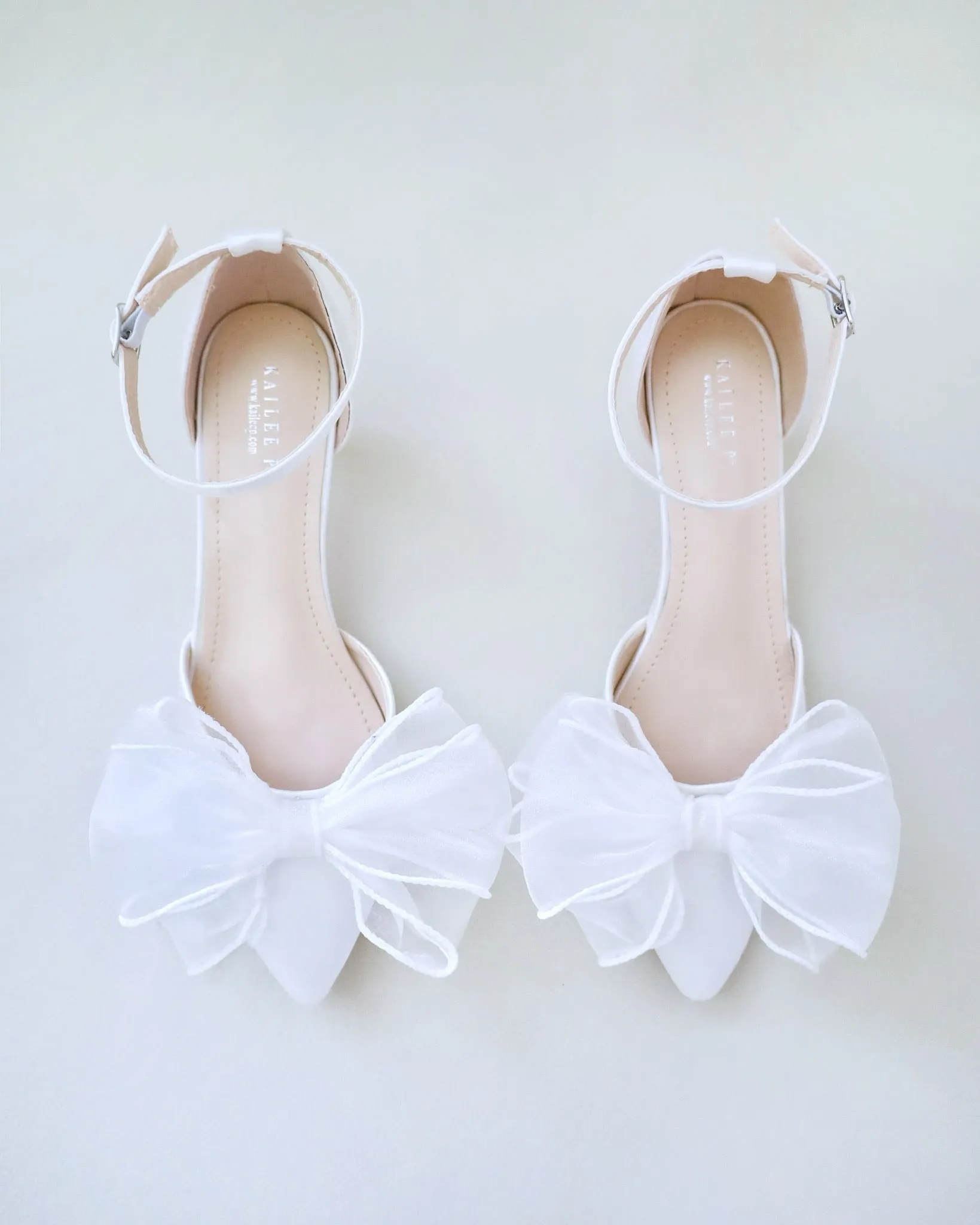 Satin Pointy Toe Wedding Low Heels with Layered Organza Bow