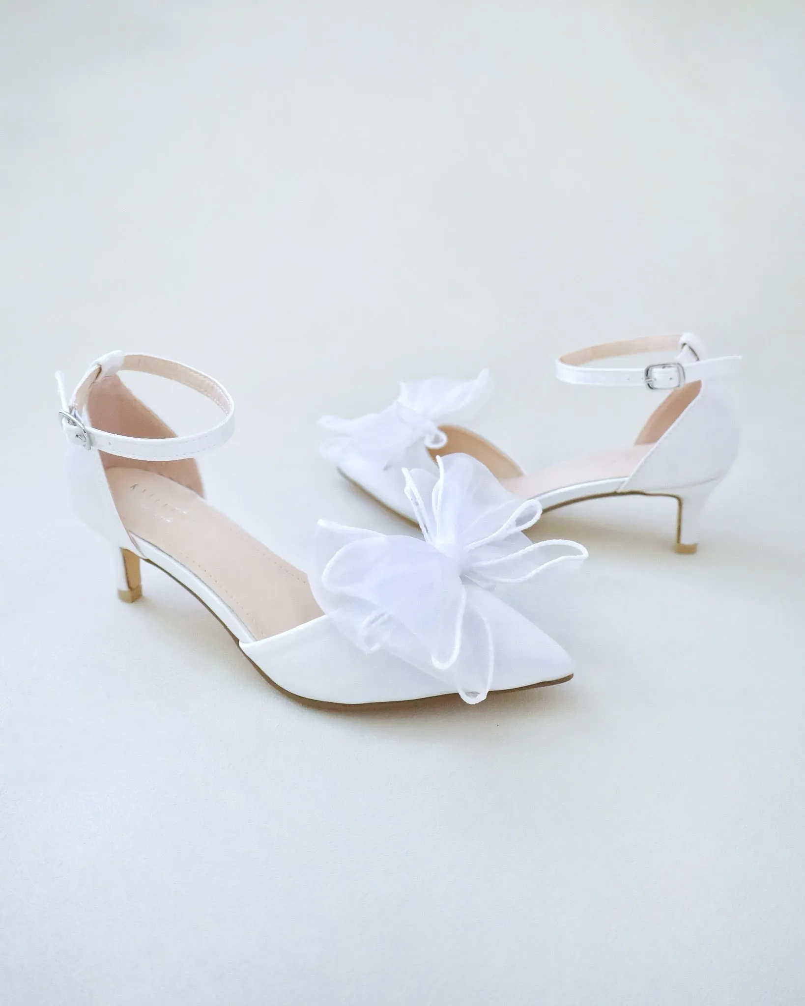 Satin Pointy Toe Wedding Low Heels with Layered Organza Bow