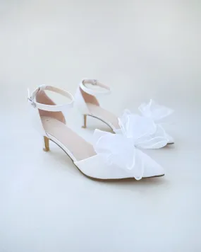 Satin Pointy Toe Wedding Low Heels with Layered Organza Bow