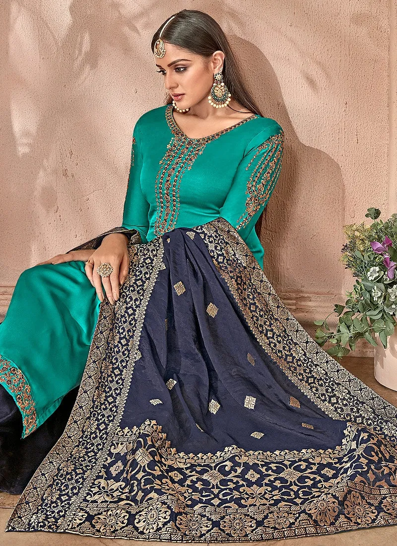 Turquoise And Navy Combination Embroidered Palazzo Suit