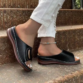 Women’s Round Toe PU Leather Slip-On Sandals with Short Wedge Heel in 3 Colors