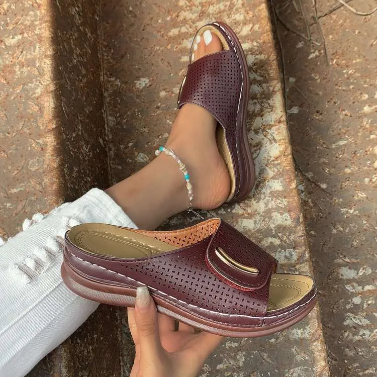 Women’s Round Toe PU Leather Slip-On Sandals with Short Wedge Heel in 3 Colors