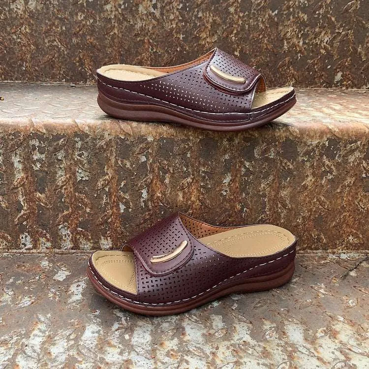 Women’s Round Toe PU Leather Slip-On Sandals with Short Wedge Heel in 3 Colors