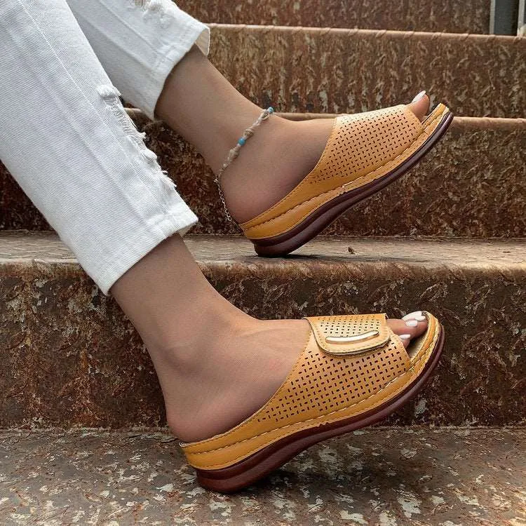 Women’s Round Toe PU Leather Slip-On Sandals with Short Wedge Heel in 3 Colors