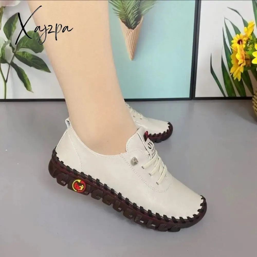 Xajzpa - Women Spring Vintage Breathable Shoes Platform Loafers Lace Up Leather Hollow Slip-On New Fashion Casual Mom Shoe Zapatos Mujer