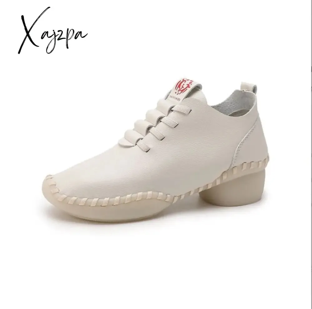 Xajzpa - Women Spring Vintage Breathable Shoes Platform Loafers Lace Up Leather Hollow Slip-On New Fashion Casual Mom Shoe Zapatos Mujer