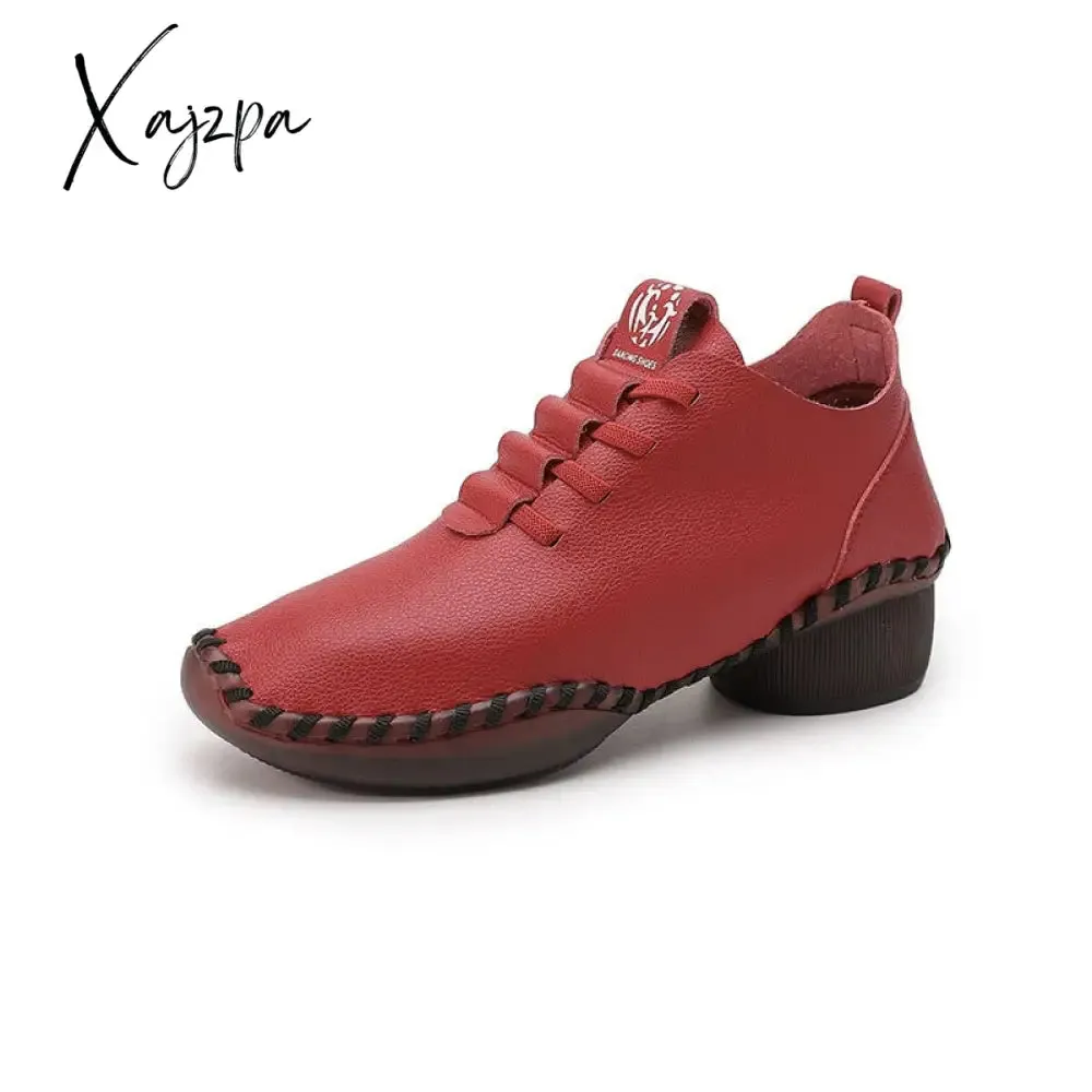 Xajzpa - Women Spring Vintage Breathable Shoes Platform Loafers Lace Up Leather Hollow Slip-On New Fashion Casual Mom Shoe Zapatos Mujer