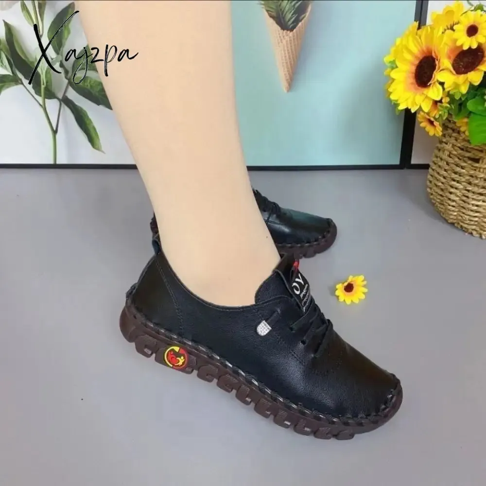 Xajzpa - Women Spring Vintage Breathable Shoes Platform Loafers Lace Up Leather Hollow Slip-On New Fashion Casual Mom Shoe Zapatos Mujer