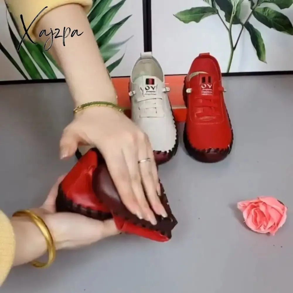 Xajzpa - Women Spring Vintage Breathable Shoes Platform Loafers Lace Up Leather Hollow Slip-On New Fashion Casual Mom Shoe Zapatos Mujer